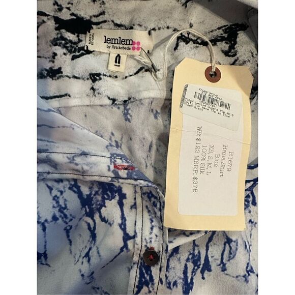Lemlem Hana Blue white marbled pattern 100% Silk blouse sz small - Picture 3 of 9